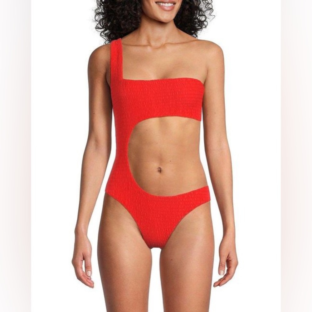 Weworewhat Red One Piece One Shoulder Smocked Swimsuit Size Medium NWT